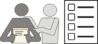 Icon von 2 Personen, die ein Dokument analysieren + ein Listen-Icon